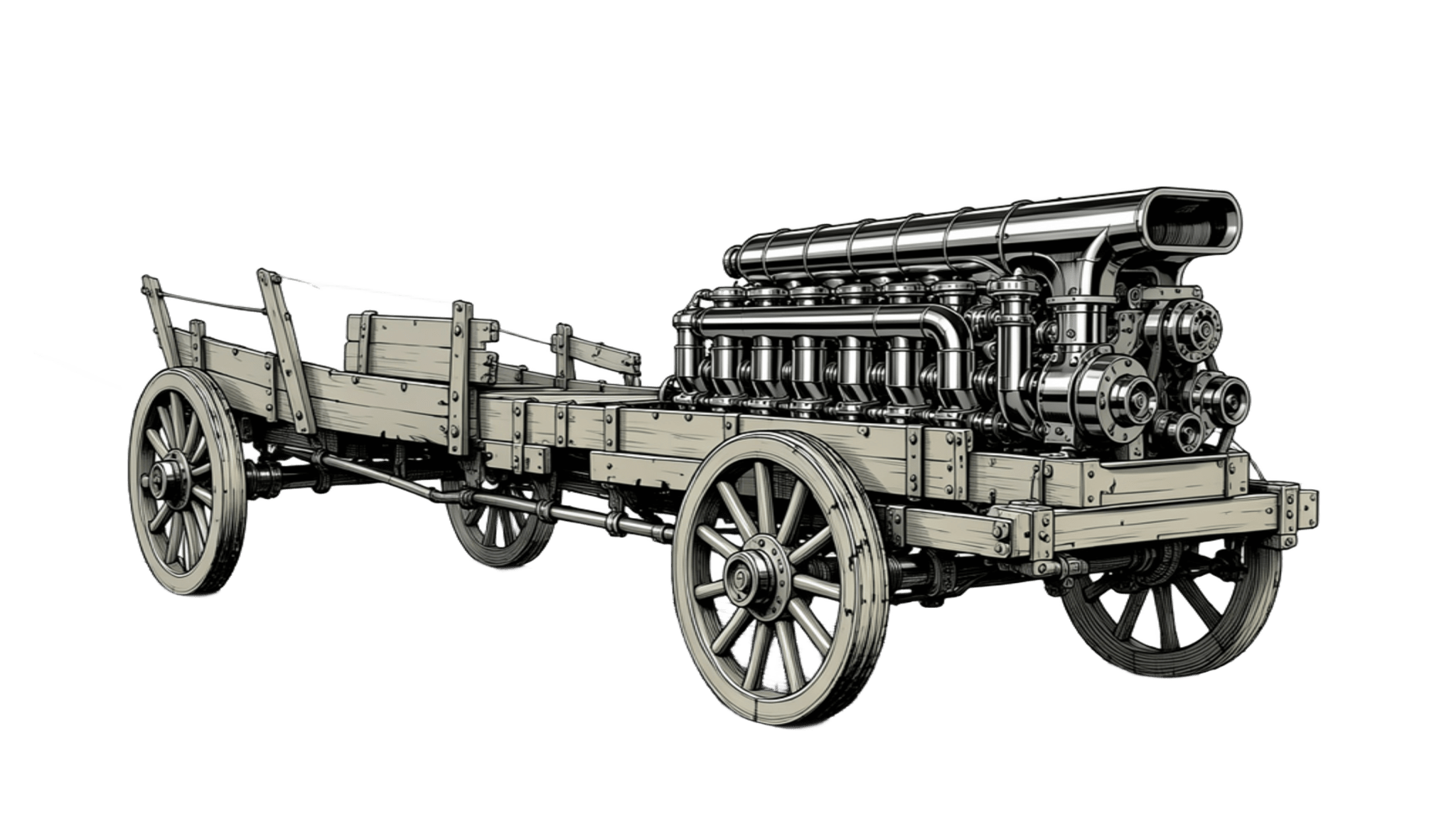 A large industrial engine mounted on a wooden farm wagon — the founder's capability outpacing the structure carrying it